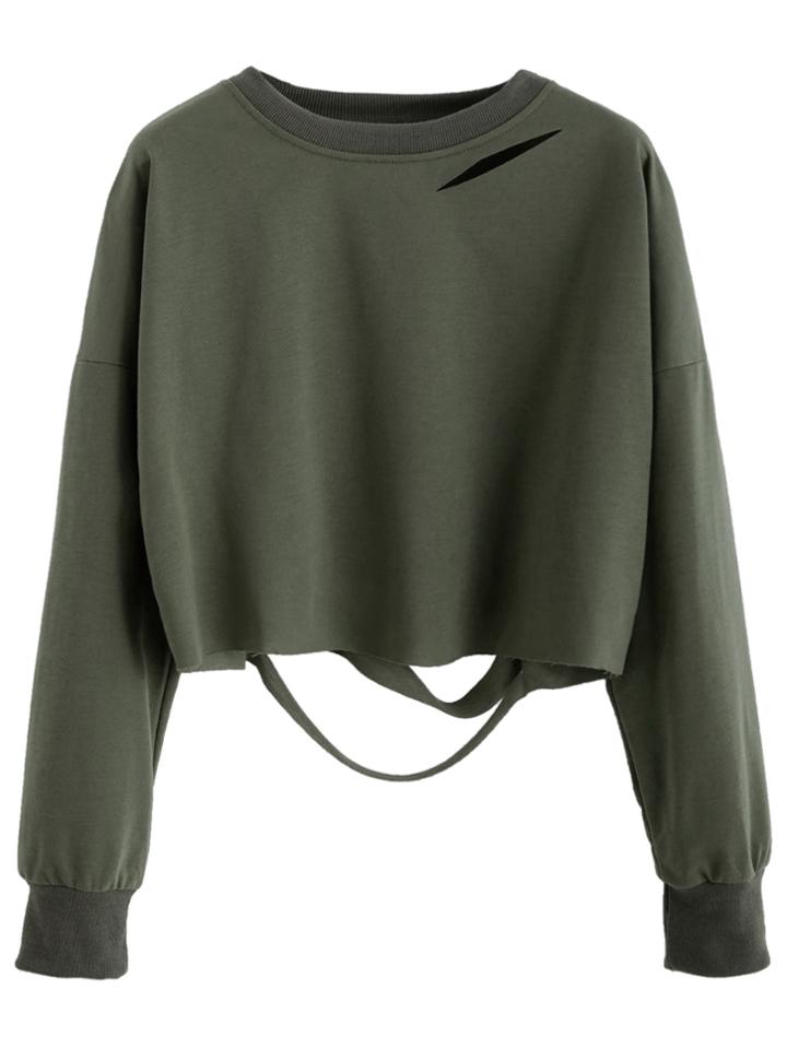 Romwe Dark Green Drop Shoulder Cut Out Crop T-shirt
