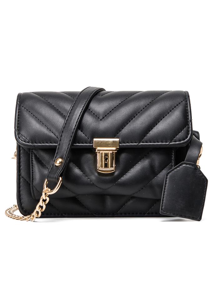 Romwe Chevron Quilted Flap Bag - Black