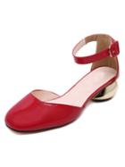 Romwe Red Round Toe Word Bukle Mid Heeled Sandals
