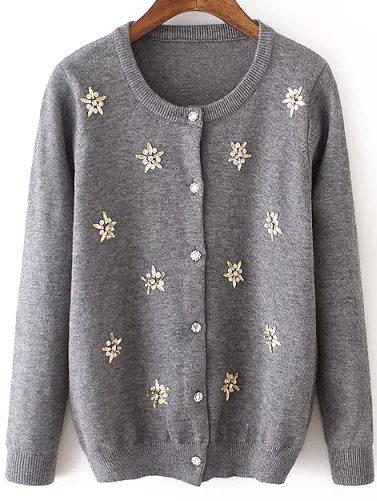 Romwe Long Sleeve Beaded Slim Grey Cardigan