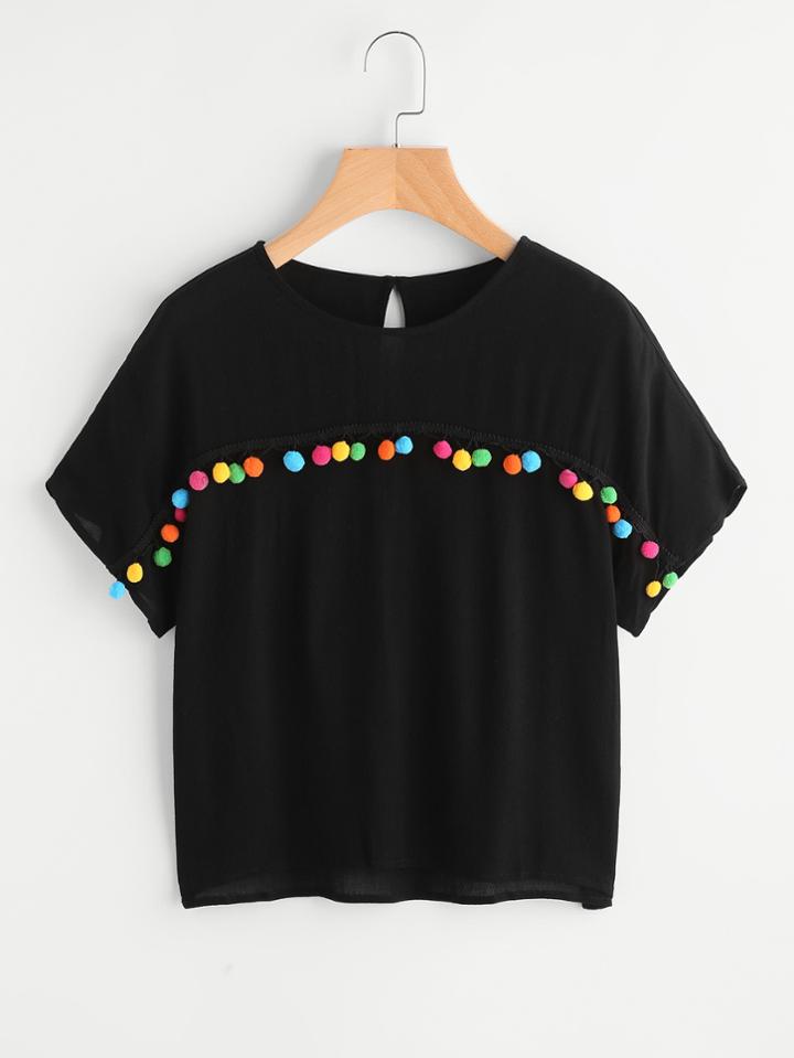 Romwe Pom Pom Trim Keyhole Back Blouse