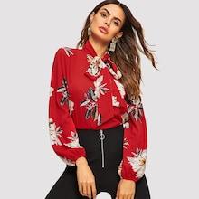 Romwe Tie Neck Flower Print Top