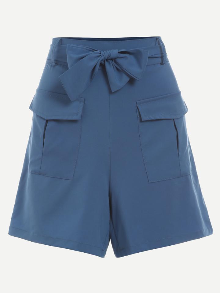 Romwe Blue Self Tie Dual Flap Pocket Shorts