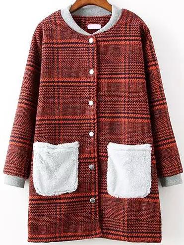 Romwe Houndstooth Contrast Pockets Long Red Coat