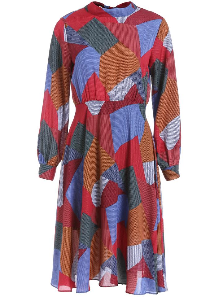 Romwe Stand Collar Geometric Print Shirt Dress