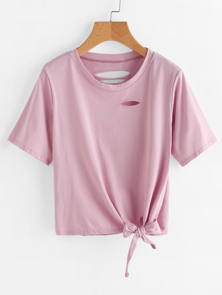 Romwe Knot Side Ripped Tee
