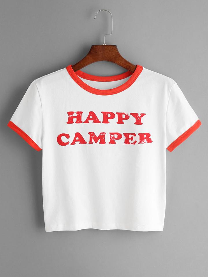 Romwe White Contrast Trim Letter Print Crop T-shirt