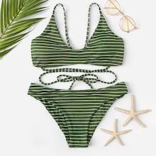 Romwe Striped Tie Back Top With Low Rise Bikini