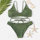 Romwe Striped Tie Back Top With Low Rise Bikini