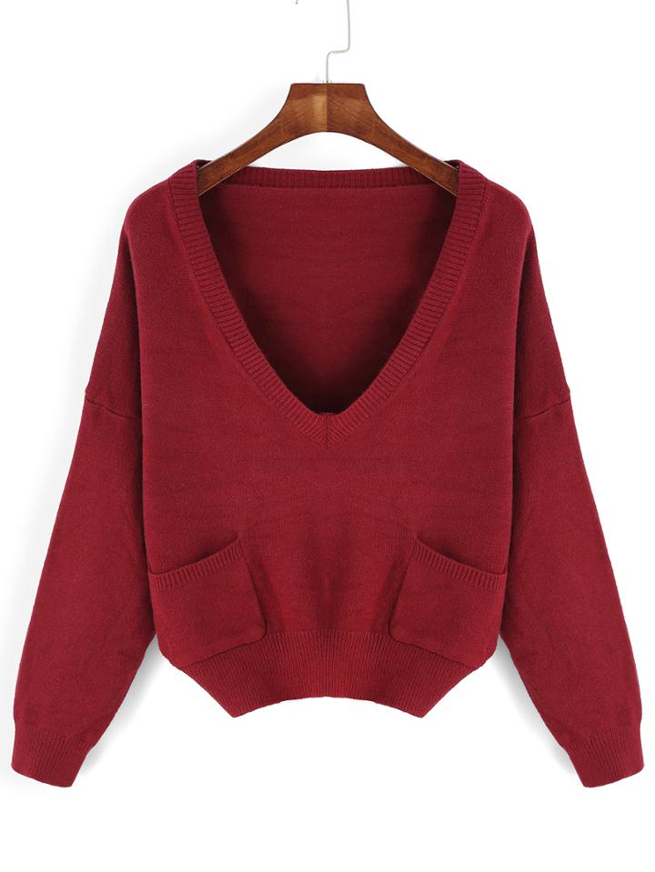 Romwe Deep V Neck Pockets Sweater