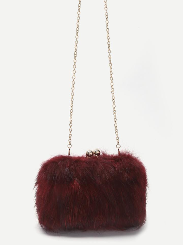 Romwe Red Fox Fur Kiss Lock Crossbody Chain Bag