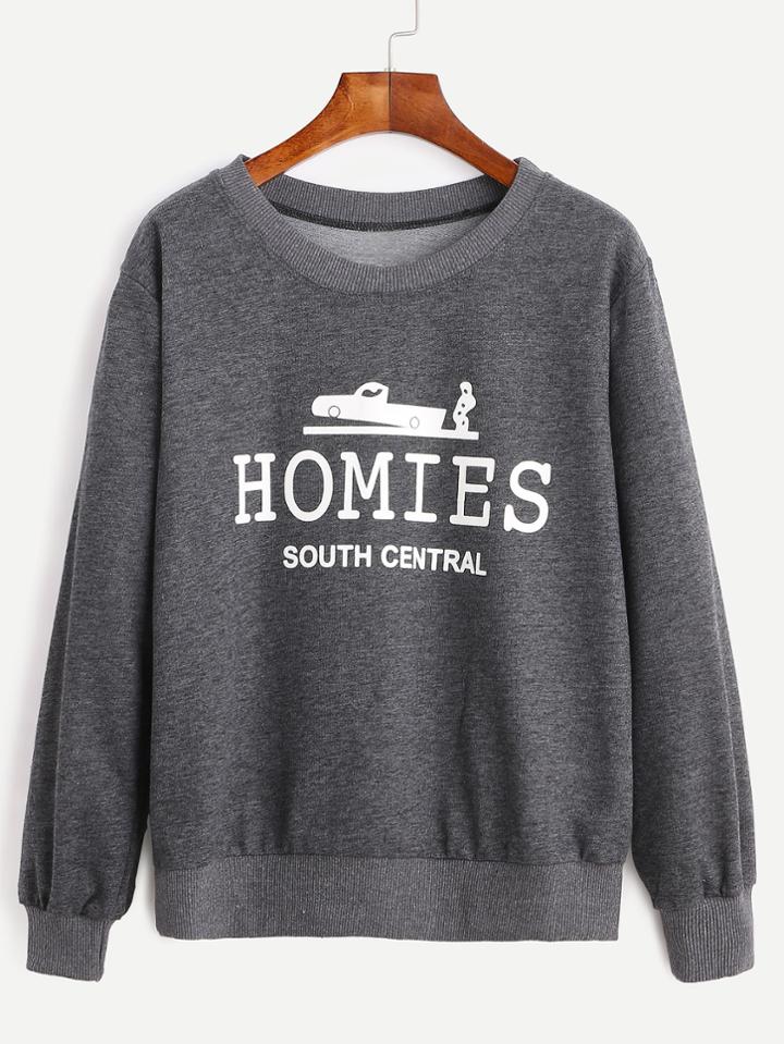 Romwe Dark Grey Letter Print Sweatshirt