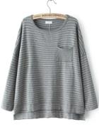 Romwe Dip Hem Striped Pocket Grey Sweater