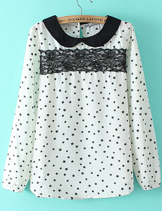 Romwe Stars Print Lace Embellished White Blouse