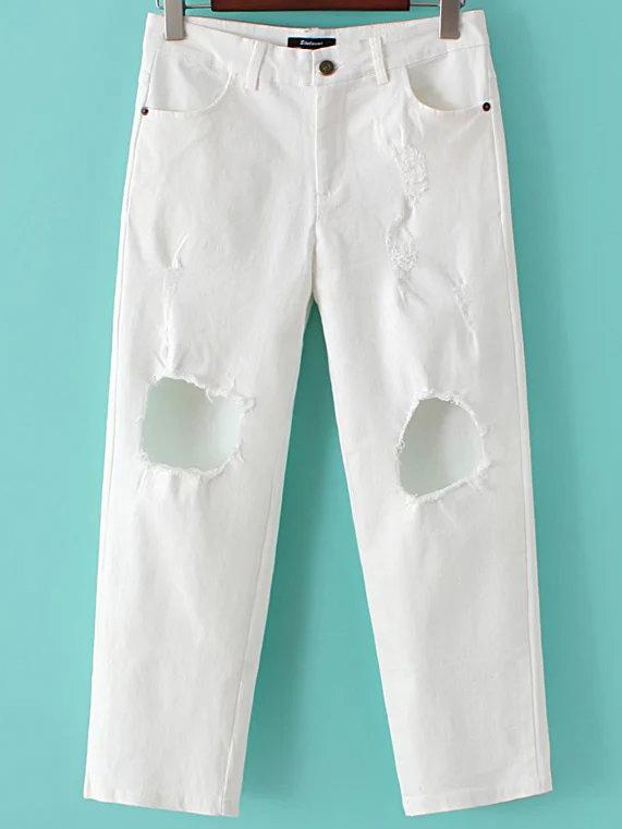 Romwe White Knee Ripped Pockets Pants