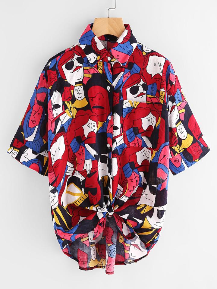 Romwe Allover Printed Dip Hem Knot Front Shirt