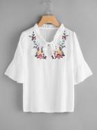 Romwe Fluted Sleeve Floral Embroidered Self Tie Neck Blouse