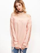 Romwe Pink Off The Shoulder Cutout Crisscross Sleeve Sweatshirt