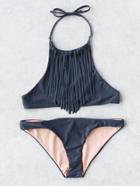 Romwe Fringe Detail Halter Bikini Set