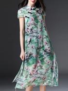Romwe Green Collar Floral Split Shift Dress