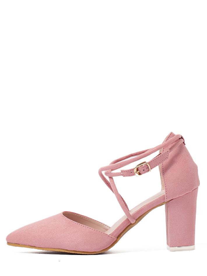 Romwe Pink Faux Suede Block Crisscross Strappy Chunky Pumps