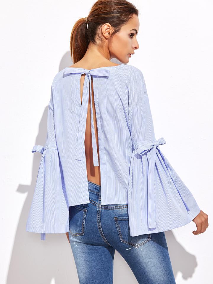 Romwe Blue Vertical Striped Bow Tie Split Back Bell Sleeve Blouse