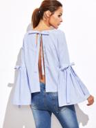 Romwe Blue Vertical Striped Bow Tie Split Back Bell Sleeve Blouse