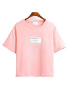 Romwe Letter Print Patch Pink T-shirt