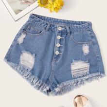 Romwe Button Fly Raw Hem Ripped Denim Shorts
