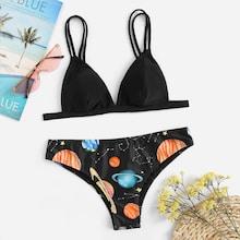 Romwe Double Straps Top With Random Galaxy Print Bikini