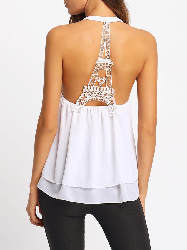 Romwe White Backless Lace Chiffon Tank Top