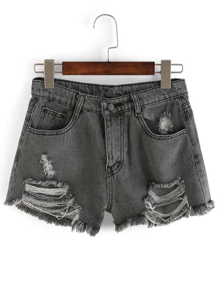 Romwe Grey Ripped Frayed Denim Shorts