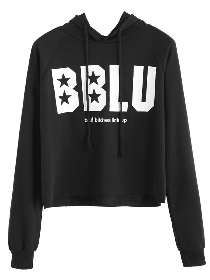 Romwe Black Letters Print Crop Hooded Sweatshirt