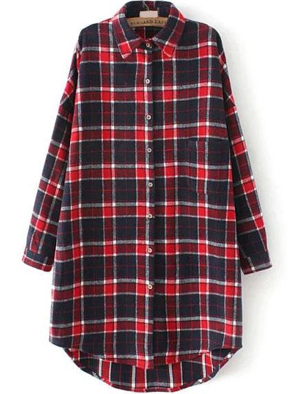 Romwe Plaid Pocket Loose Red And Navy Blouse