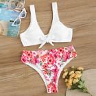 Romwe Knot Front Top With Random Flower Print Bikini Set