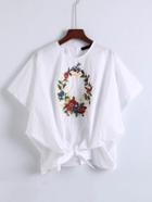 Romwe Flower Embroidery Knot Front Top