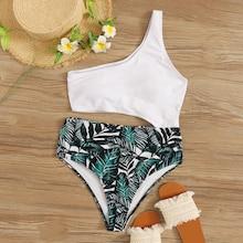 Romwe One Shoulder Cut-out Random Tropical One Piece Swimsuit