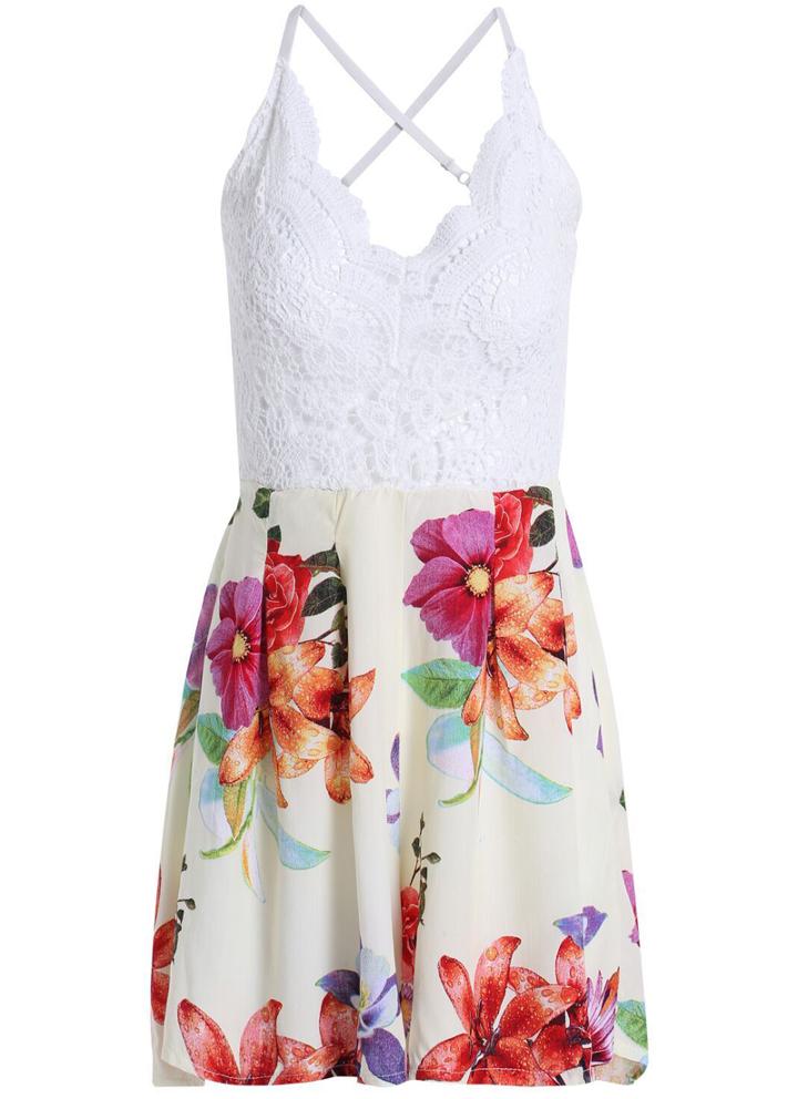 Romwe Halter Backless Lace Florals Jumpsuit
