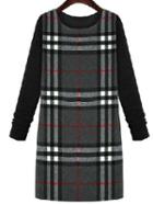 Romwe Long Sleeve Checkered Straight Black Dress