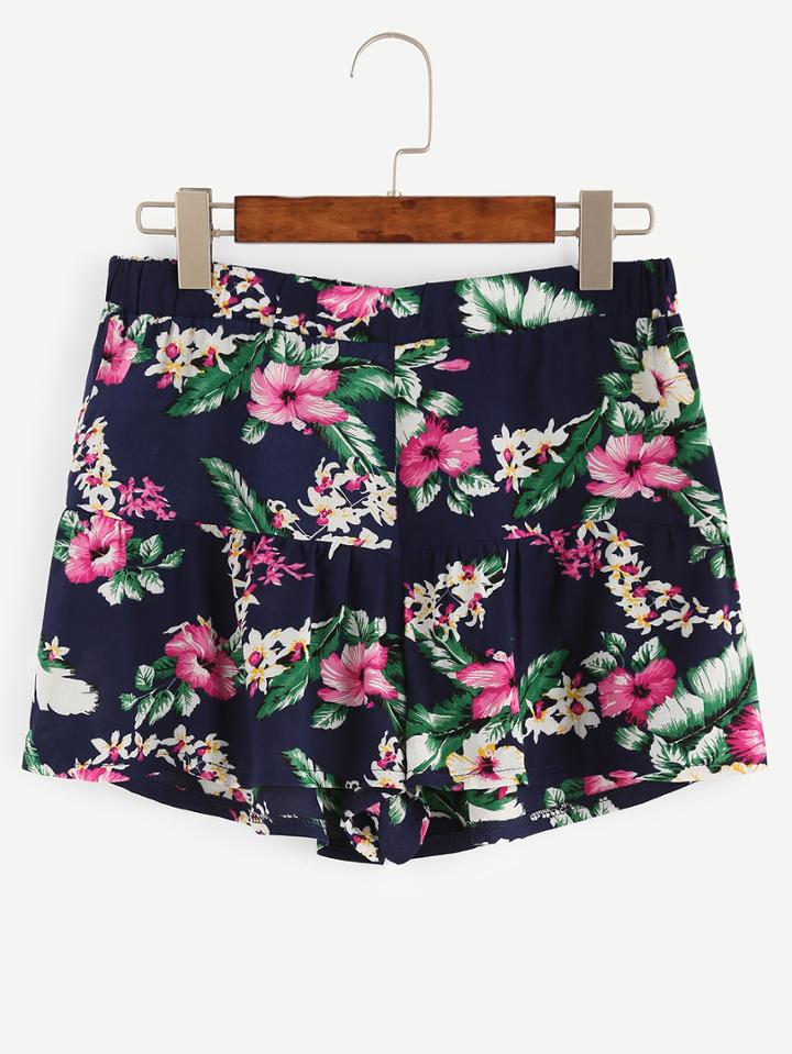 Romwe Navy Tropical Print Ruffled Shorts