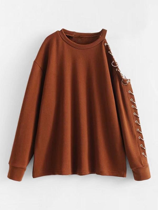 Romwe Ring Embellished One Shoulder Sweatshirt