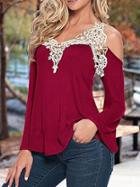 Romwe Bell Sleeve Contrast Lace Hollow Out Burgundy T-shirt