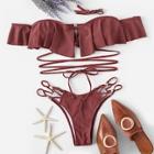 Romwe Strappy Ruffle Bikini Set