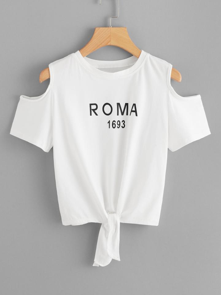 Romwe Letter Print Open Shoulder Knot Tee