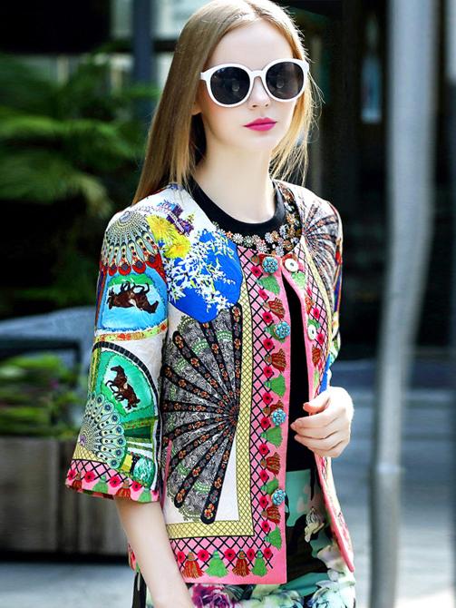 Romwe Multicolor Round Neck Half Sleeve Jacquard Coat