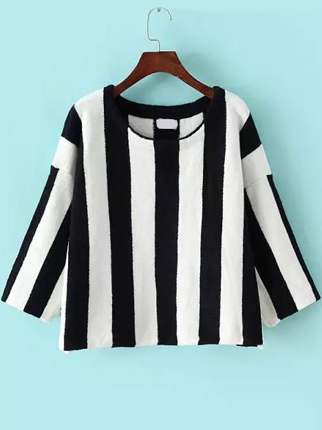 Romwe Crew Neck Vertical Striped Black Knitwear