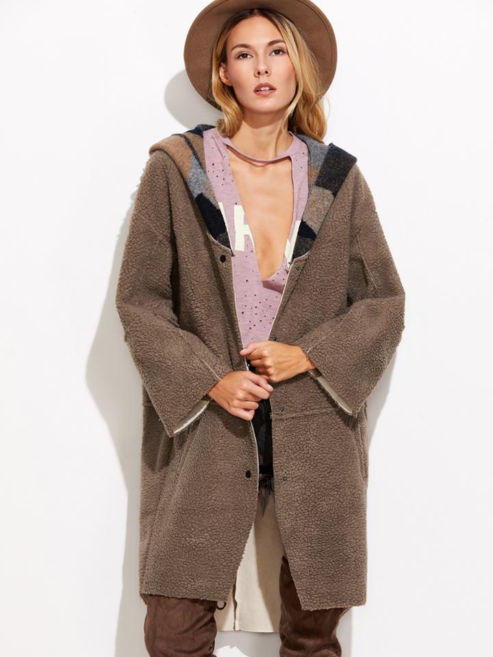 Romwe Khaki Hooded High Low Camo Coat