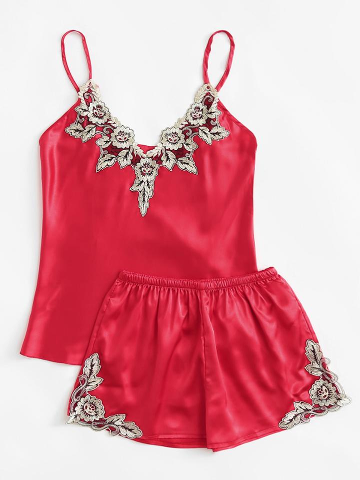 Romwe Embroidered Flower Satin Cami & Shorts