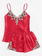 Romwe Embroidered Flower Satin Cami & Shorts