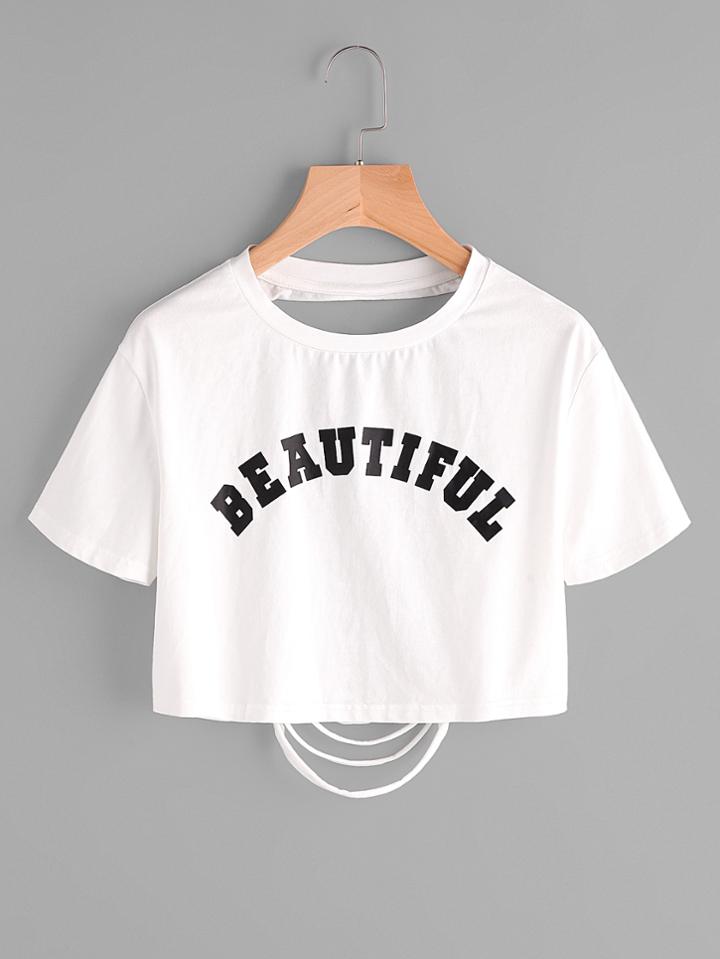 Romwe Letter Print Ripped Back Crop T-shirt